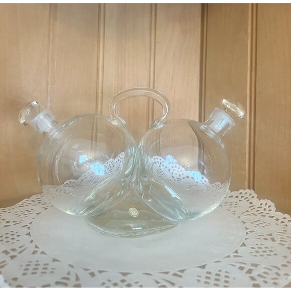 Vintage Clear Glass Oil & Vinegar Cruet Set Dual Compartments Glass Stoppers Mad - Picture 7 of 8